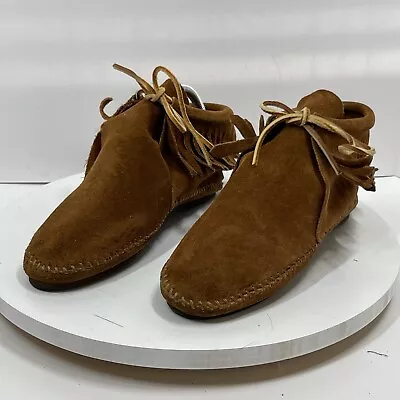 Minnetonka Women’s Moccasins 682 Brown Suede Tie Closure Fringe Size 7M • $24.69