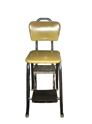 Vintage Antique Yellow Kitchen Step Stool Chair With Flip Up Seat • $126.69