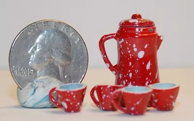 Dollhouse Miniature Red Coffee Pot Cups Kitchen 1:12 In Scale C8 Dollys Gallery • $6.99