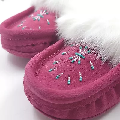 Made In Canada Moccasin Fuchsia Suede Rabbit Fur Fleece Lined Slipper Size 9 • $90