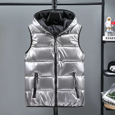 Mens Metallic Shiny Gilet Bubble Jacket Coat Puffer Quilted Hooded Waistcoat • $47.88