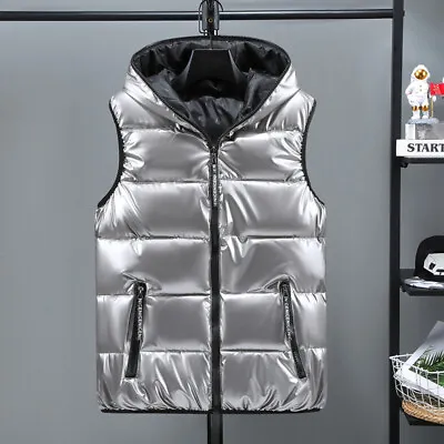 Mens Puffer Quilted Hooded Waistcoat Metallic Shiny Gilet Bubble Jacket Coat • $36.53