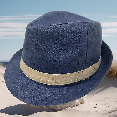 Impermeable By Weatherproof Fedora Sz L Blue Linen Gangster Hat Cuban Trilby • $14.17