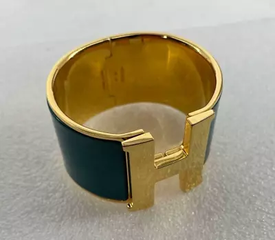 Hermès Clic Clac H Green & Gold Enamel Palladium Plated Extra Wide Bracelet Cuff • $500