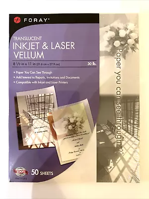 TRANSLUCENT INKJET & LASER VELLUM 50 SHEETS 8.5  X 11  FORAY 30 LB. ~ NEW SEALED • $7.99