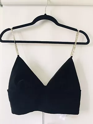 New ZARA Black CROPPED VELVET TOP V-Neck Metallic Straps Size L #6475 • $22.31