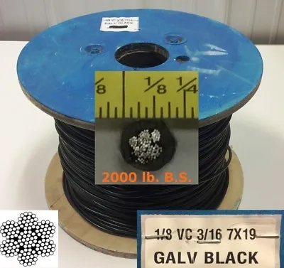 Vinyl Coated Steel Aircraft Cable Wire Rope 10 Ft 1/8  VC 3/16  7x19 Black • $11.99