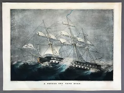 [N. Currier]   Hand-Colored Lithograph    A Squall Off Cape Horn   Circa 1855  • $1750