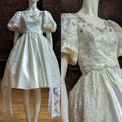 Vintage 1980's Ladies Ivory Satin Lace Wedding Dress Poof Sleeves Beaded Gown • $85