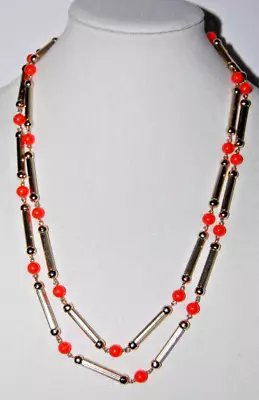 Elegant Vtg Mid Century Golden Metal Tubes & Orange Bead Flapper Strand Necklace • $29.75