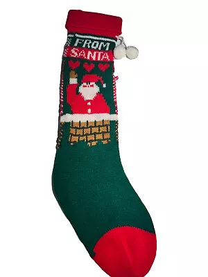 Vintage Christmas Knit Holiday Stocking Red White Green From SANTA POMPOM 24” • $6.99