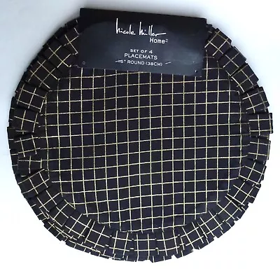 NICOLE MILLER Set Of 4 Black Gold Check PLACEMATS Round Pleated Trim • $24.95