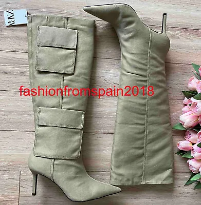 $129.88 • Buy Zara New Woman Heeled Denim Boots Pockets Cargo Greenish Beige 35-42 1018/210