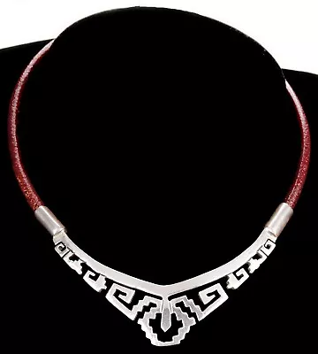 Vintage Taxco 925 Pierced Sterling Silver Leather Collar Choker Necklace Mexico • $64.99