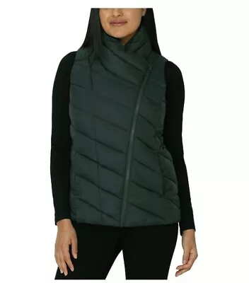 New Nicole Miller Womens Asymetrical Vest Spruce Green Quilted Lightweight • $28