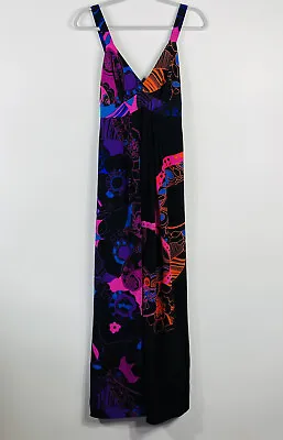 Tibi Size 0 Ipanema 100% Silk Printed Maxi Dress Black Sleeveless V Neck Long • $62.39