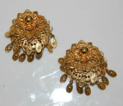 Elegant Vtg Couture Golden Bohemian Gypsy Style Dangles Statement Clip Earrings • $19.75