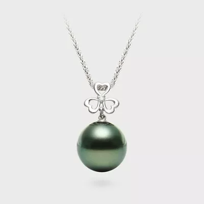 AAA+ Round 10.7MM Green Tahitian Saltwater Pearl Pendant 18K White Gold&Diamonds • $166.47