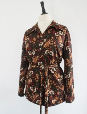 Vintage 1970s Shirt Bronw Floral Botanical Waist Tope RETRO Mod Boho Chic Top 18 • £12.99