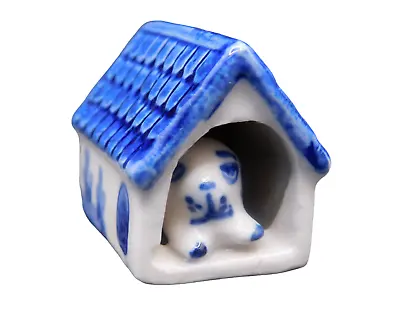 Vintage Miniature Delft Blue Style Ceramic Dog Puppy Inside Dog House • $5.99