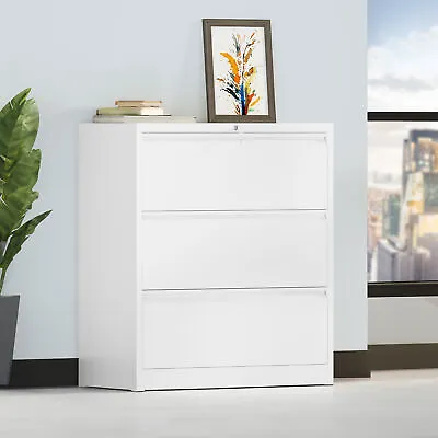 3 Drawer White Metal Lateral File Cabinet Steel Office Filing Cabinet With Lock • $208.10