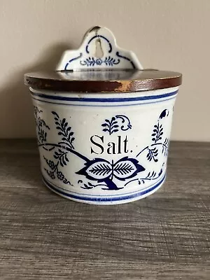 Antique Salt Cellar Box Blue And White Porcelain Salt Canister With Wooden Lid • $49.50