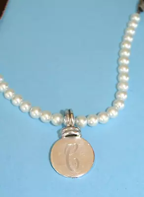 Vintage Sterling Silver Initial C Pendant Faux Pearl Tie Ribbon Necklace • $20.99