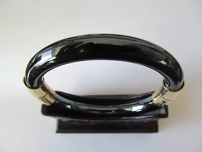 VINTAGE ASIAN NATURAL BLACK HEMATITE W/PLAIN GOLD BAND HINGED BANGLE BRACELET • $29.99