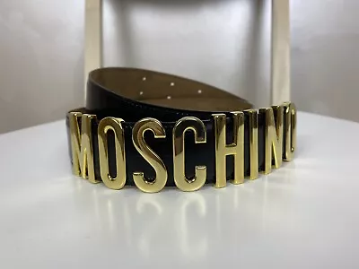 MOSCHINO Redwall Leather Belt Gold Logo Monogram Black 401020 Vintage Mint Cond • $199.99