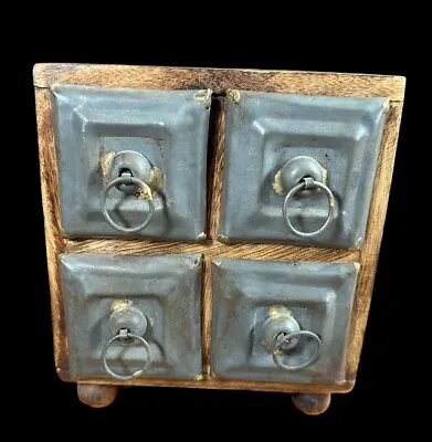 Antique 4 Drawer Tabletop Rustic Spice Cabinet Tin Metal Wood Apothecary • $68