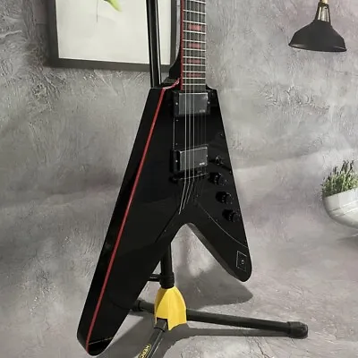 Black Flying V Electric Guitar Solid Black Hardware HH Pickups Strings Thru Body • $245