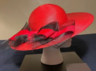 Vintage STRIKING Mr. John Red/Black Wide Brim Straw Hat Red Black Accent Bows • $15.99