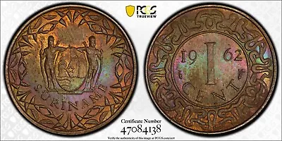 MS64BN 1962 Suriname Fish 1 Cent PCGS Trueview- Pretty Rainbow Toned • $89.95
