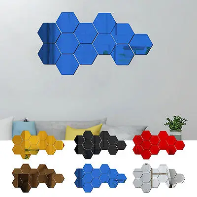 12pcs Hexagon Mirror Tiles Wall Stickers Self Adhesive Stick On Art Decal • £7.69