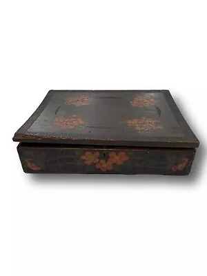 Antique Hand Carved Flowers Large Wooden Box Tea Caddy Lock No Key Distressed • $19