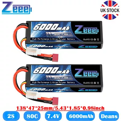 2X Zeee 7.4V 2S LiPo Battery Deans 6000mAh 80C Hardcase For RC Car Truck Drone • £40.45