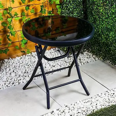 Small Garden Folding Drinks Side Table Glass Bistro Dining Outdoor Patio • £21.95