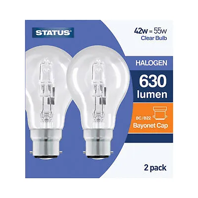 £3.75 • Buy 2 Pack STATUS 42W (=55W-60W) BC B22 B22d GLS Eco Halogen Light Bulbs