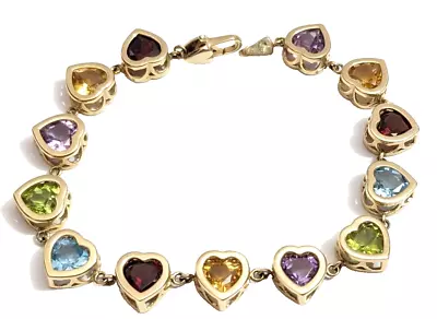 Awesome Solid 14K Gold Heart Shape Multi Color Gemstone Tennis 7  Bracelet 14.2g • $895