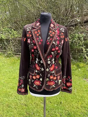 Malvin Brown Cotton Velvet Heavily Embroidered Women’s Blazer Jacket Size S Boho • £45