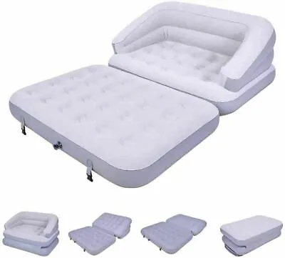 5 In 1 Inflatable Double Flocked Sofa Couch Bed Mattress Lounger Airbed Bed Grey • £59.87