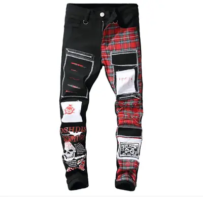 NEW Vintage Mens Black Punk Hole Grid Slim Nightclub Denim Jeans Pants Trousers • £34.38