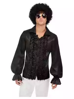 NEW 60's Black Ruffled Disco Shirt Men's Hippie Halloween Fancy Dress Costume • £20.99
