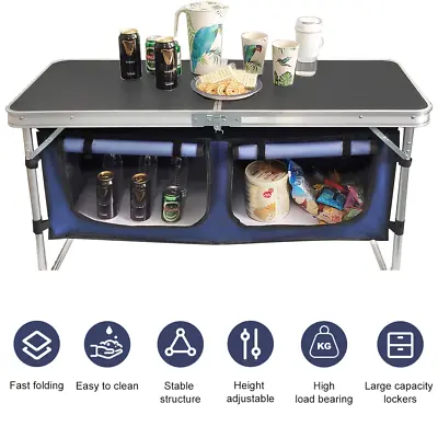 Folding Camping Table Kitchen Unit Storage Outdoor Picnic Cook Station W/Storage • £46.99