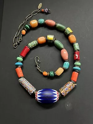 Chevron & Vintage Millefiori Venetian Beads W/ Coral Gemstones Bohemian Necklace • $169