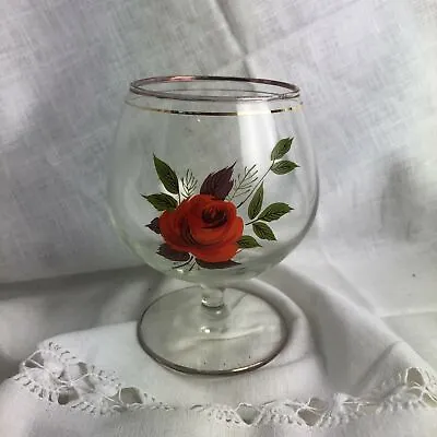 Vintage Retro - Brandy Glass - Red Rose Pattern - Gold Edging Rim - Snifter • $7.73