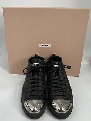 Miu Miu Black Leather Lace-Up High-Top Sneaker W/ Silver Cap Toe Sz 39 • $170