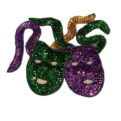 $12.99 • Buy Vintage Sequin Beaded Applique Patch Sew On Mardi Gras Masks Tragedy & Comedy 