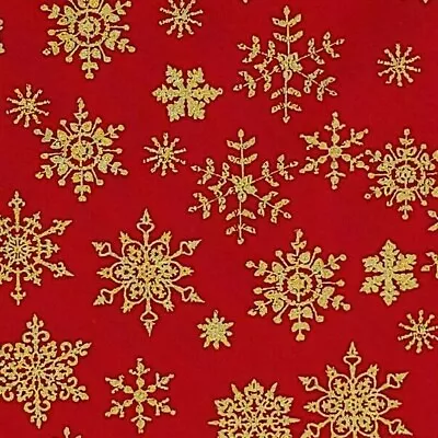 Fancy  Metallic Snowflakes Red Fabric All Cotton BY THE YARD • $9.09