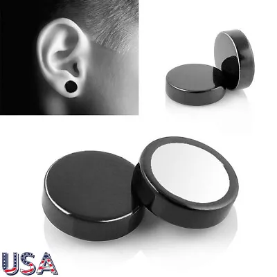 Magnetic Black Circle Stud Earrings Non-Piercing Clip On Cheater Fake Ear Gauges • $5.96